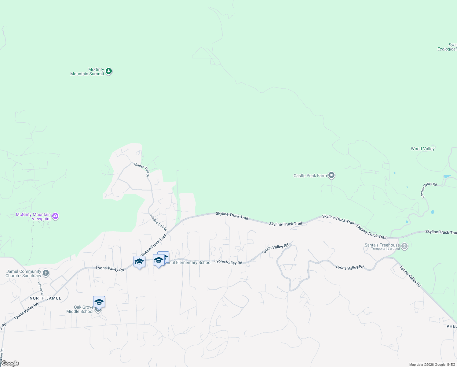 map of restaurants, bars, coffee shops, grocery stores, and more near Skyline Truck Trail in Jamul