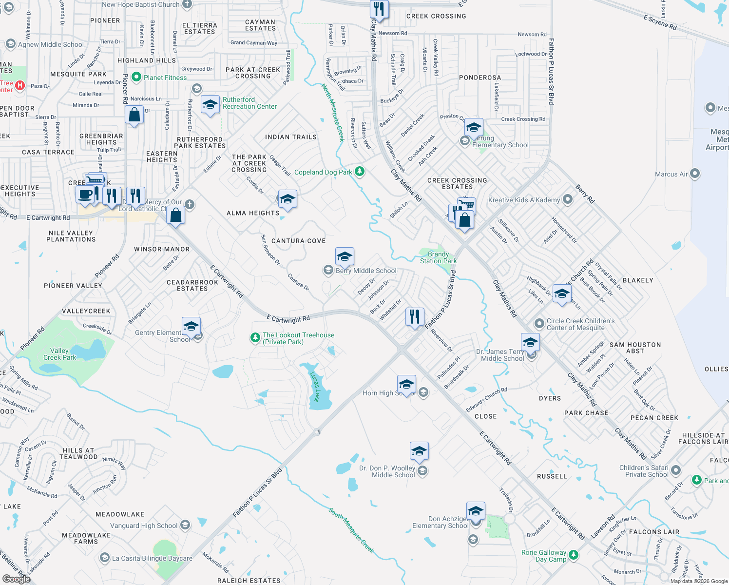 map of restaurants, bars, coffee shops, grocery stores, and more near 2526 Decoy Drive in Mesquite