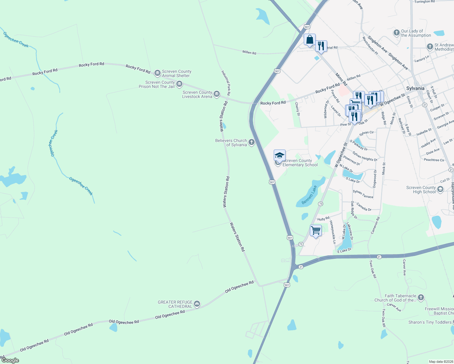 map of restaurants, bars, coffee shops, grocery stores, and more near Waters Station Road in Sylvania