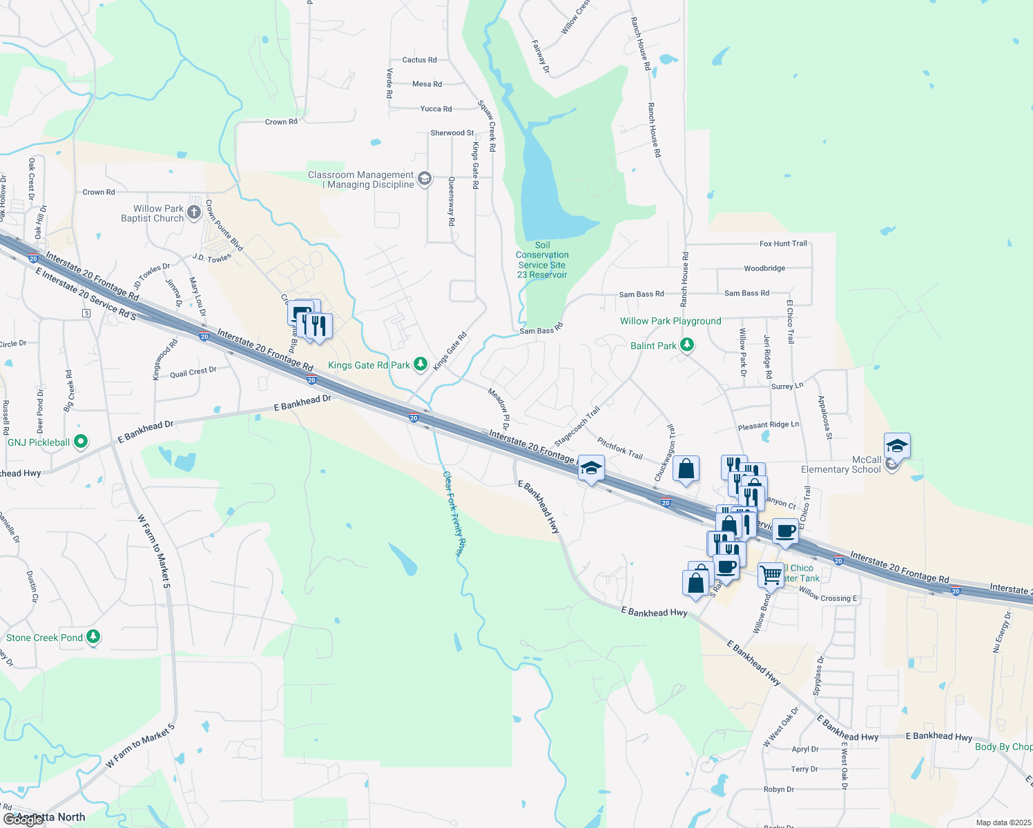 map of restaurants, bars, coffee shops, grocery stores, and more near 131 Overland Trail in Willow Park