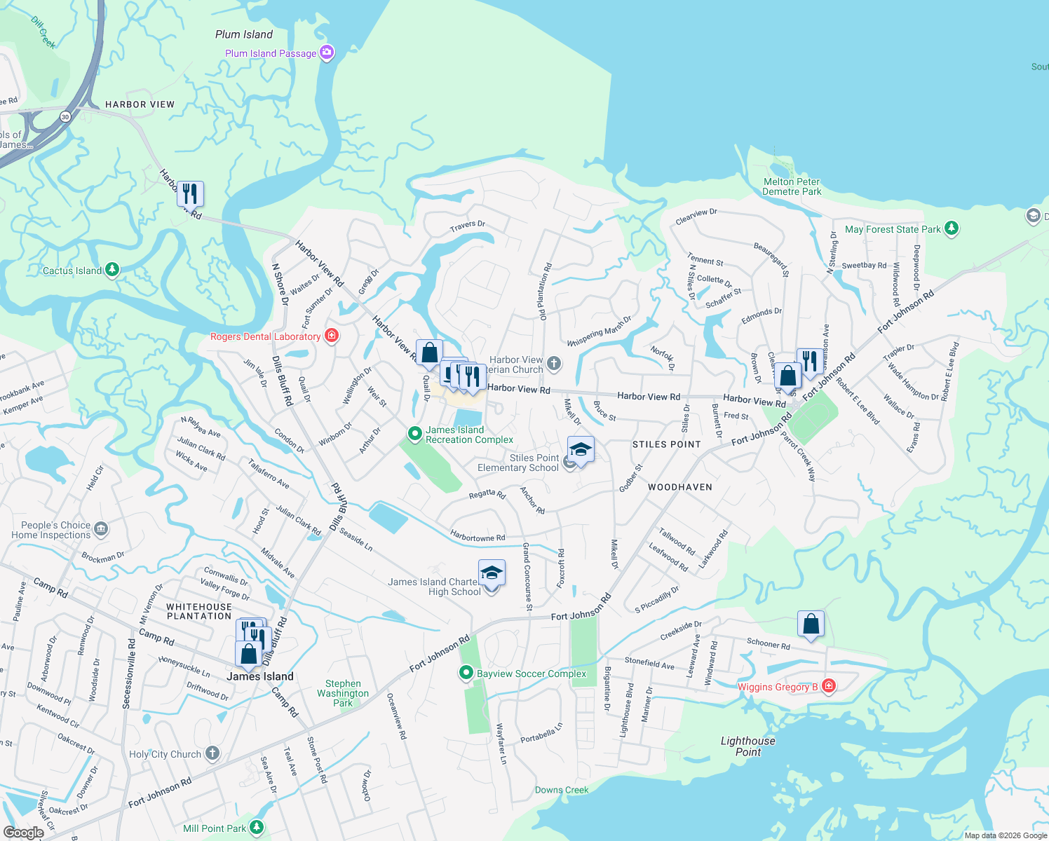map of restaurants, bars, coffee shops, grocery stores, and more near 1015 Jamsie Cove Drive in Charleston