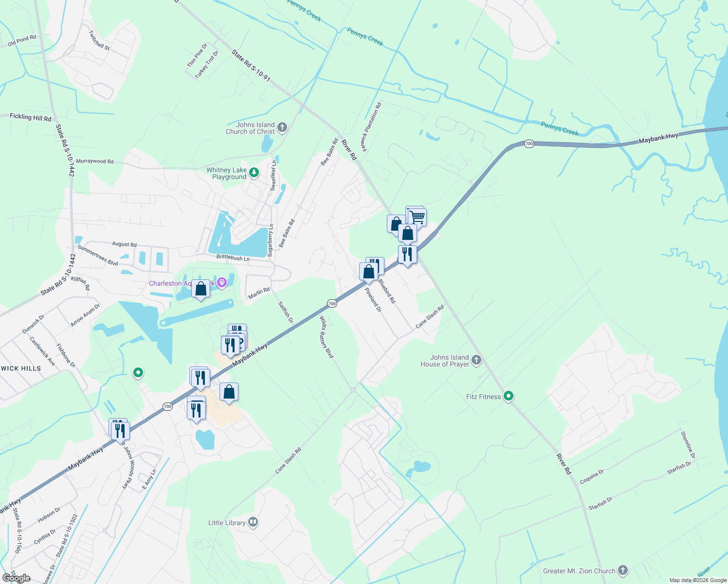 map of restaurants, bars, coffee shops, grocery stores, and more near 1804 Pineland Drive in Johns Island
