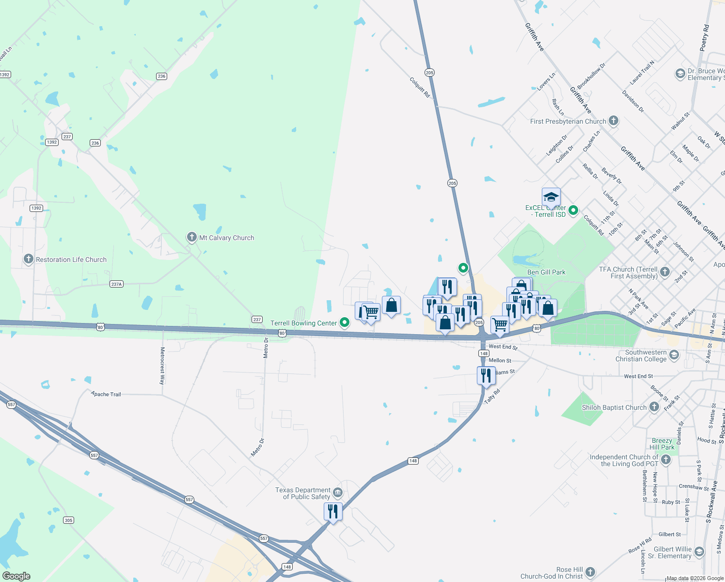 map of restaurants, bars, coffee shops, grocery stores, and more near 2390 West Moore Avenue in Terrell