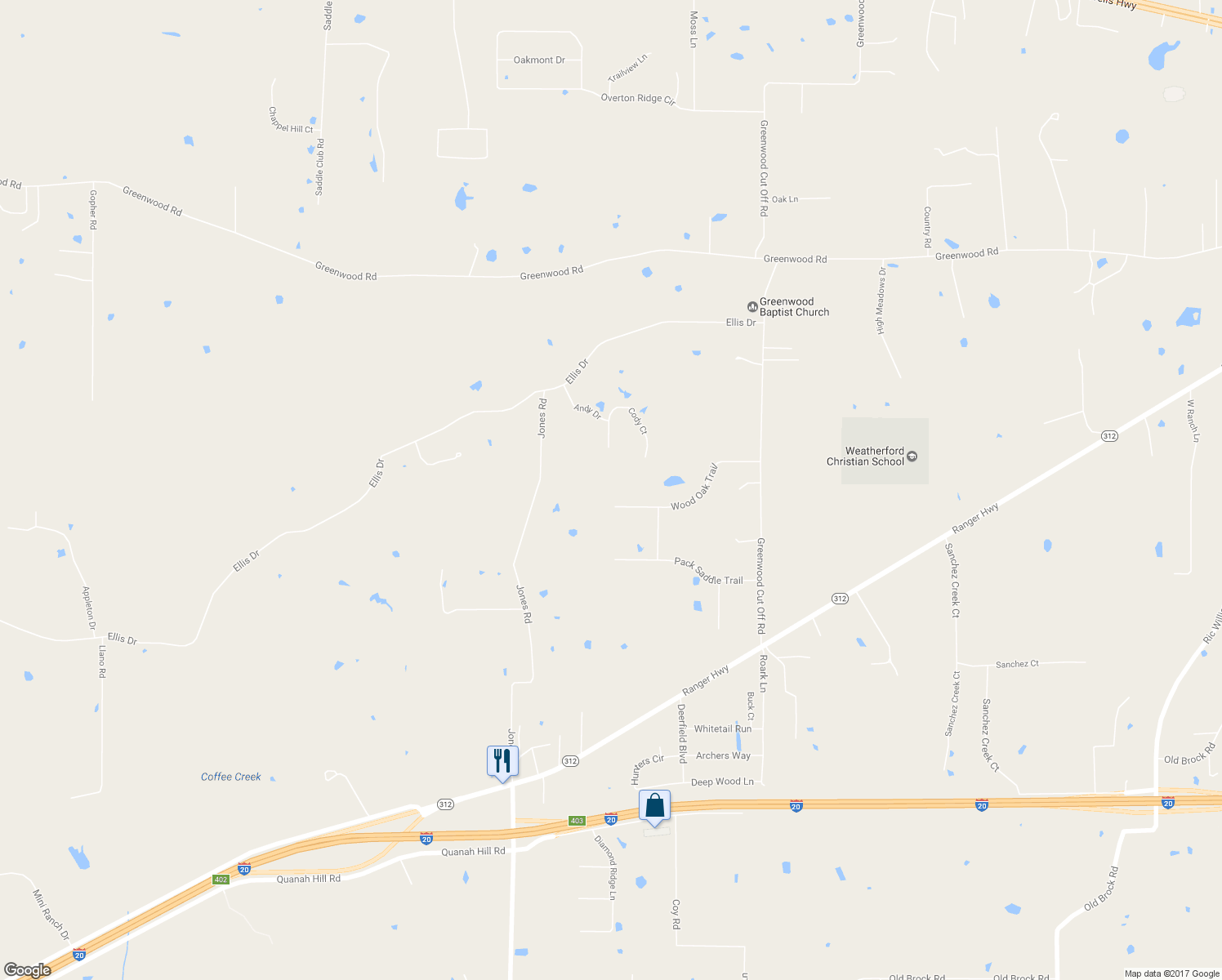 map of restaurants, bars, coffee shops, grocery stores, and more near 196 Wood Oak Trail in Weatherford