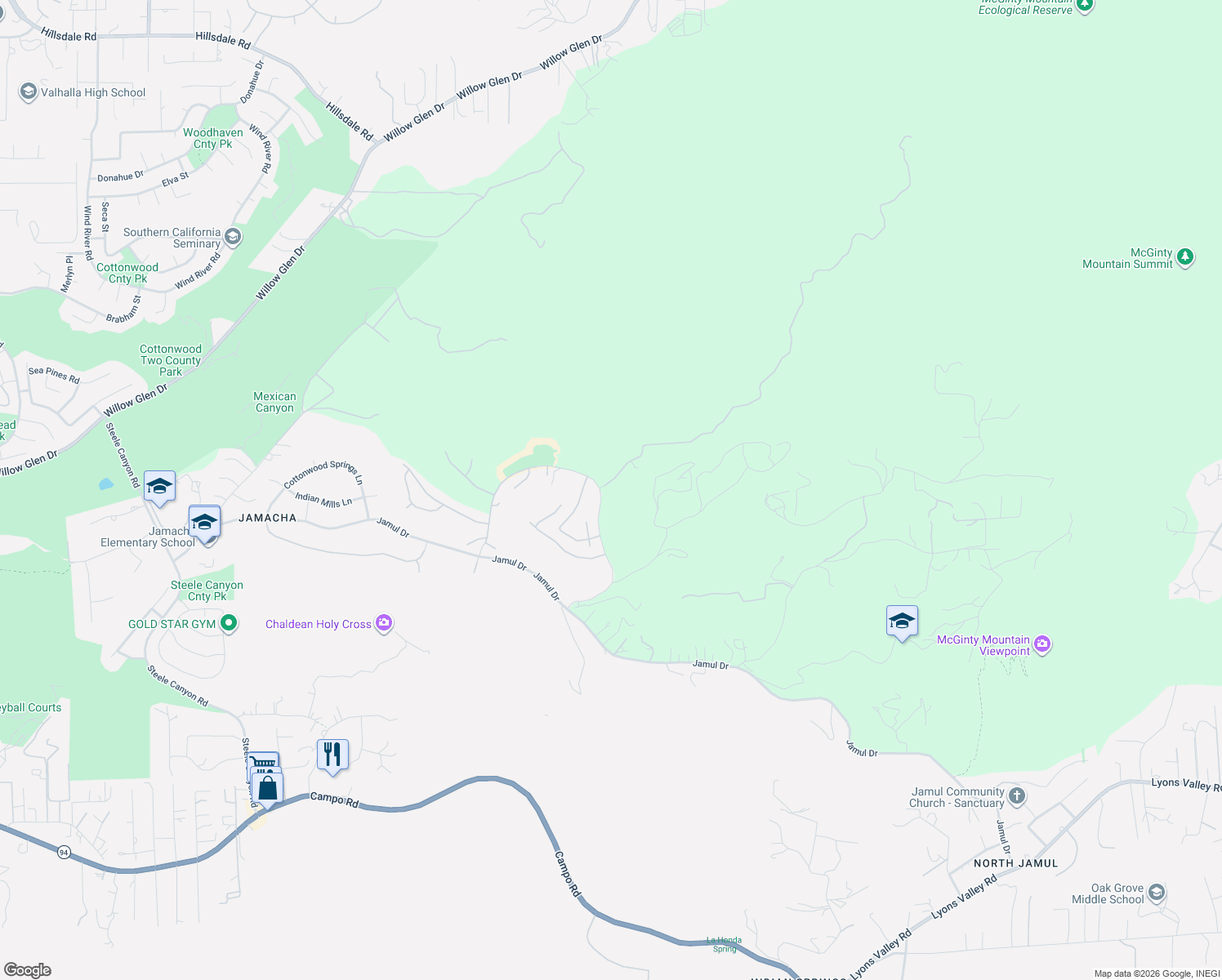 map of restaurants, bars, coffee shops, grocery stores, and more near 13410 Farraday Ridge Road in Jamul