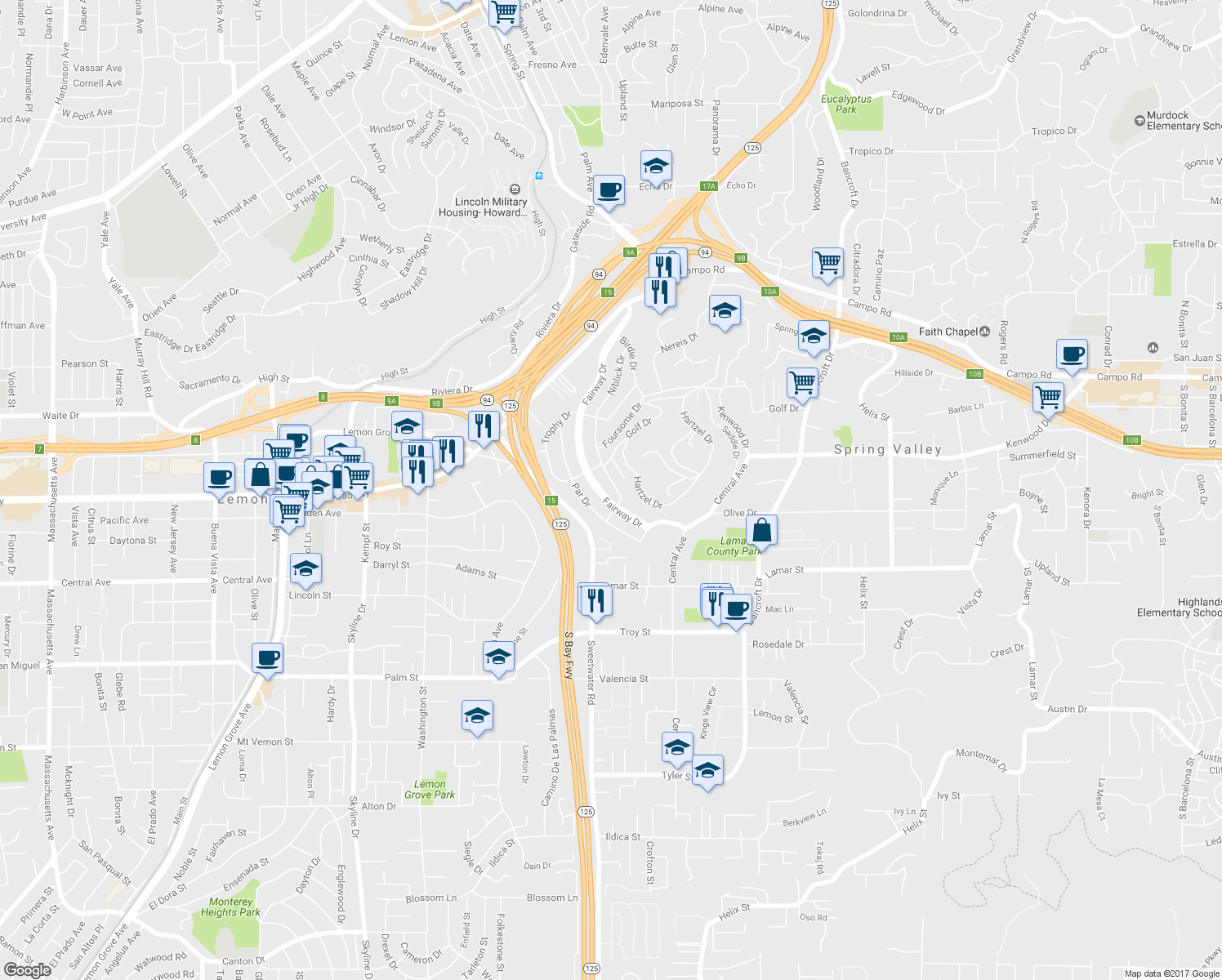 map of restaurants, bars, coffee shops, grocery stores, and more near 3350 Niblick Drive in La Mesa