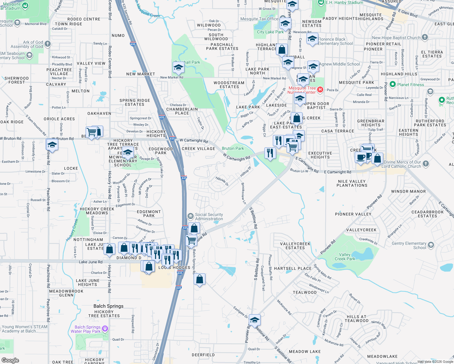 map of restaurants, bars, coffee shops, grocery stores, and more near 12802 Park Hill Court in Balch Springs