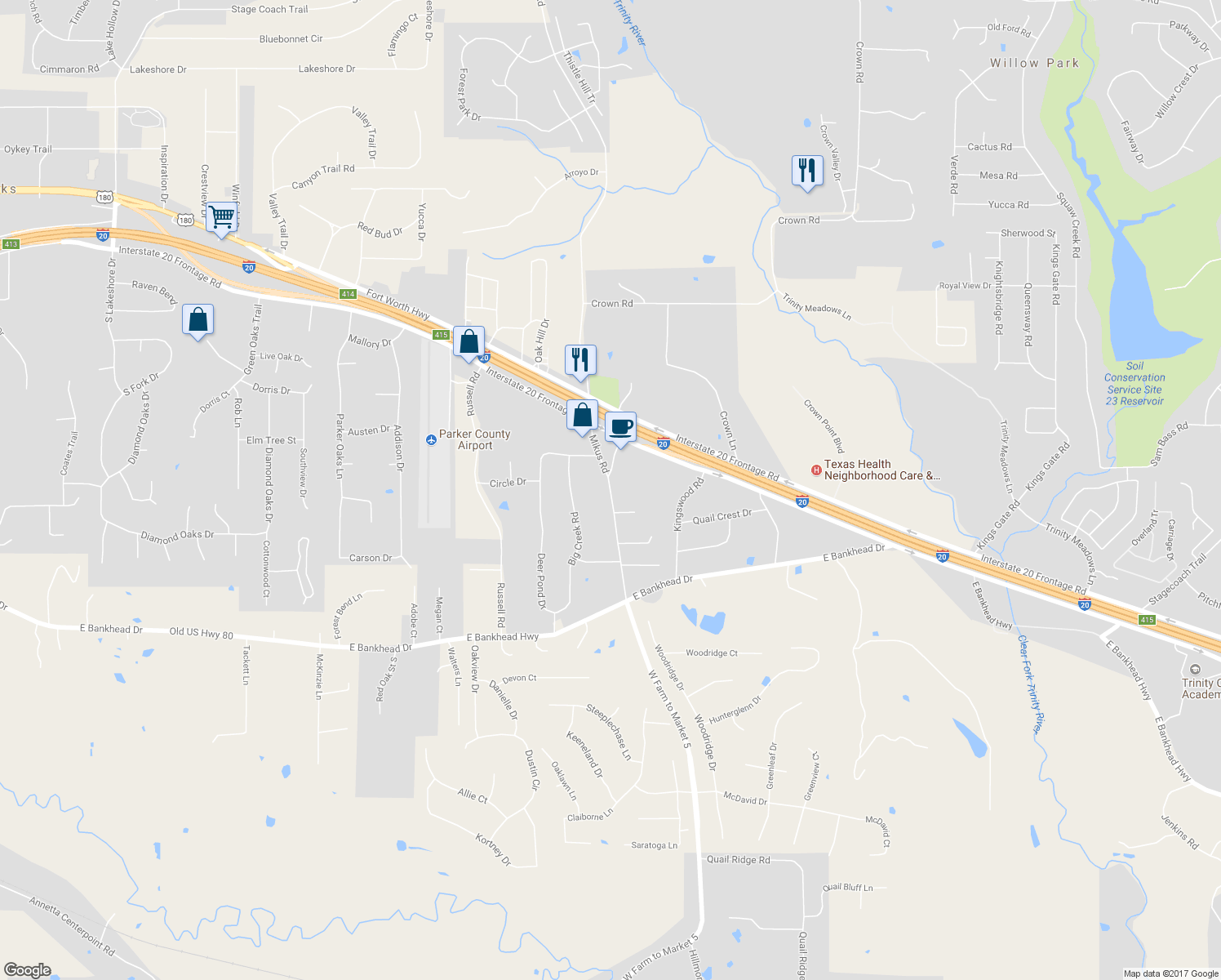 map of restaurants, bars, coffee shops, grocery stores, and more near 216 Annetta Road in Willow Park