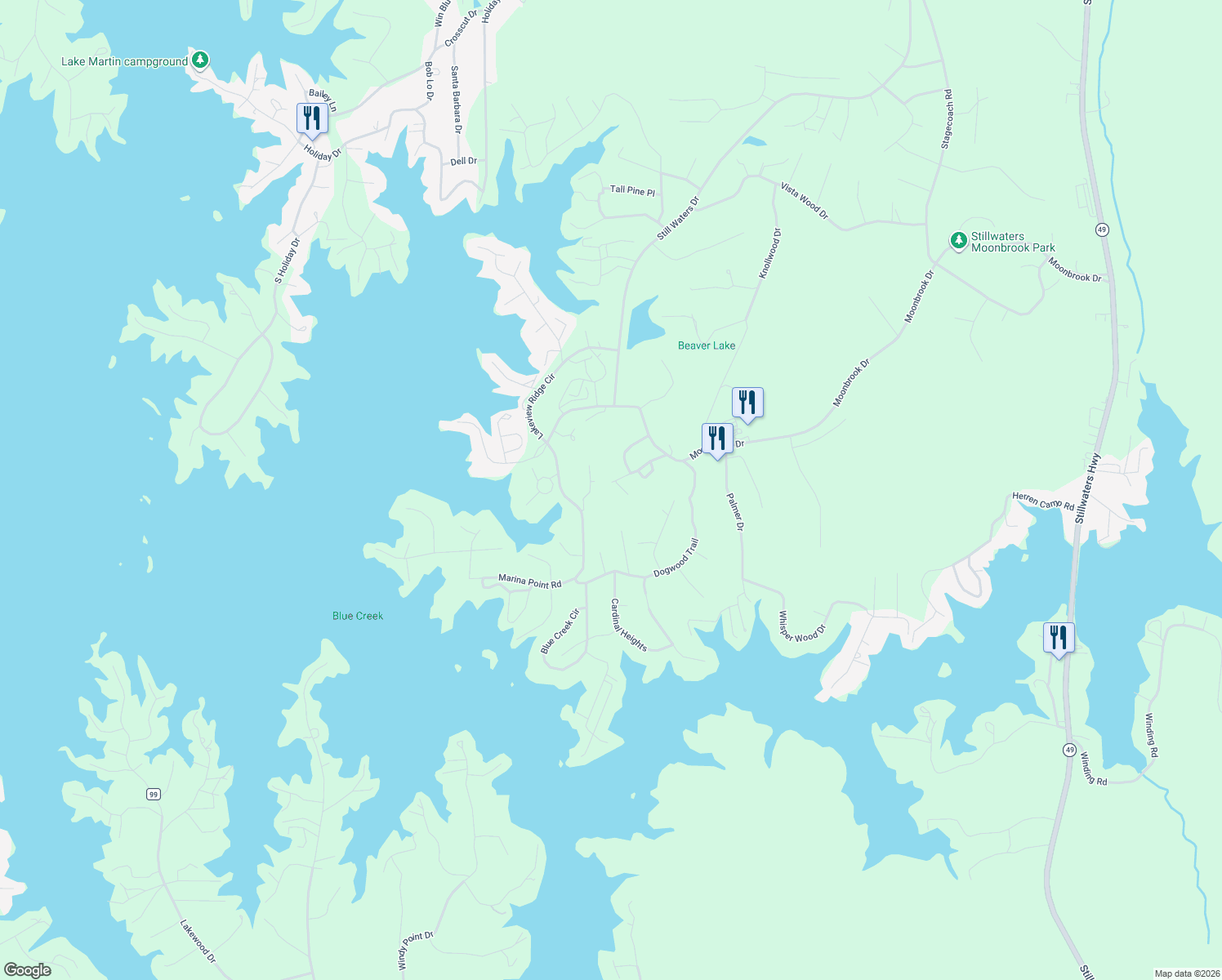map of restaurants, bars, coffee shops, grocery stores, and more near 6 Laurel Ridge Court in Dadeville