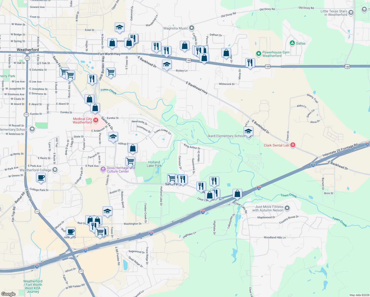 map of restaurants, bars, coffee shops, grocery stores, and more near 104 King Arthur Ct in Weatherford