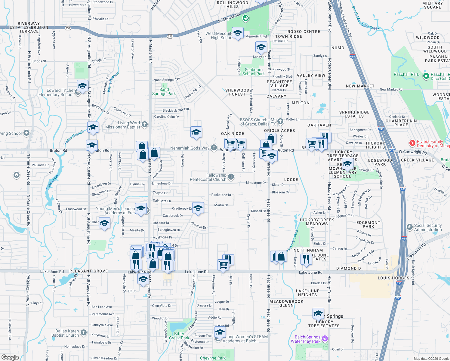 map of restaurants, bars, coffee shops, grocery stores, and more near 11003 Limestone Drive in Balch Springs