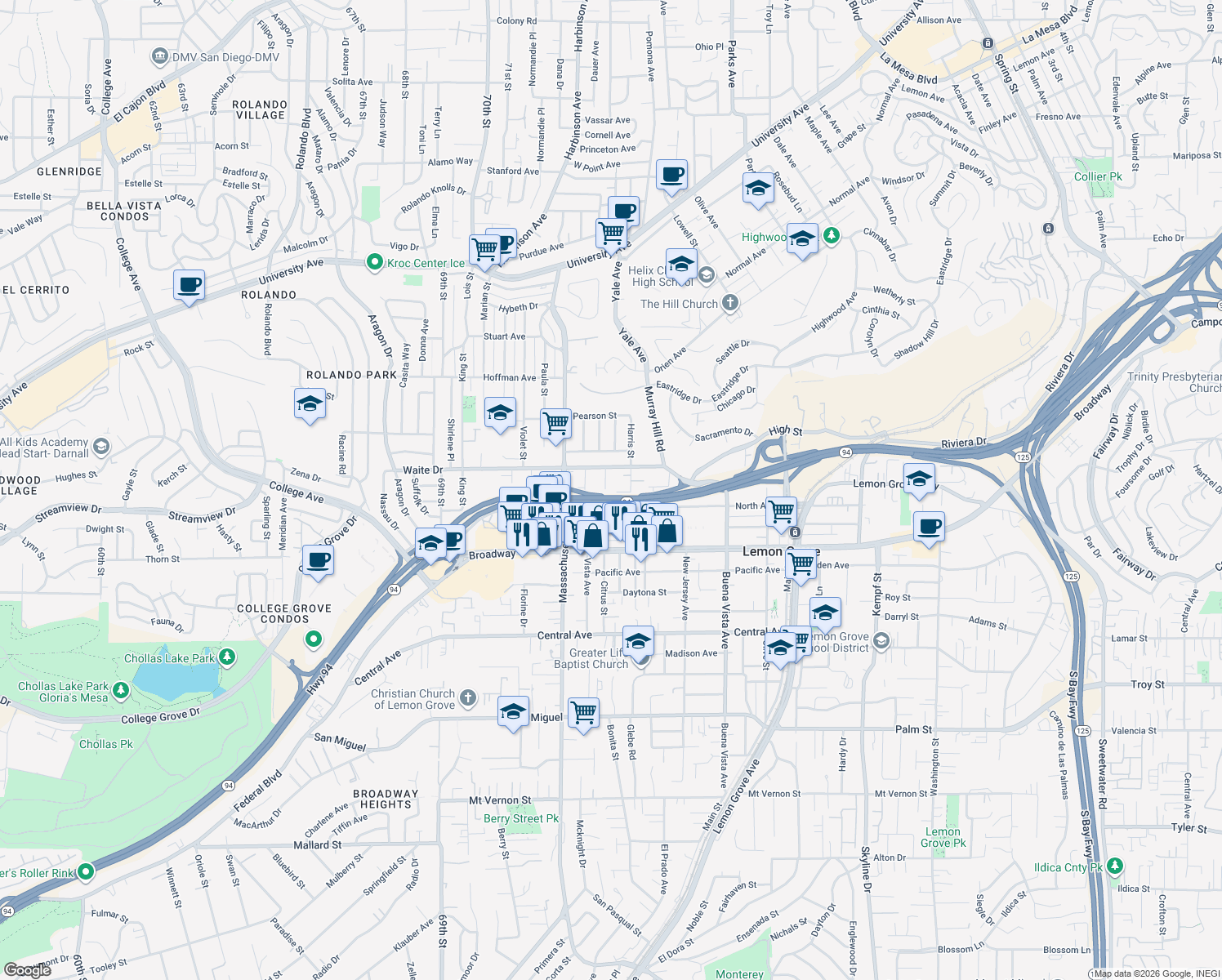 map of restaurants, bars, coffee shops, grocery stores, and more near 3685 Citrus Street in La Mesa