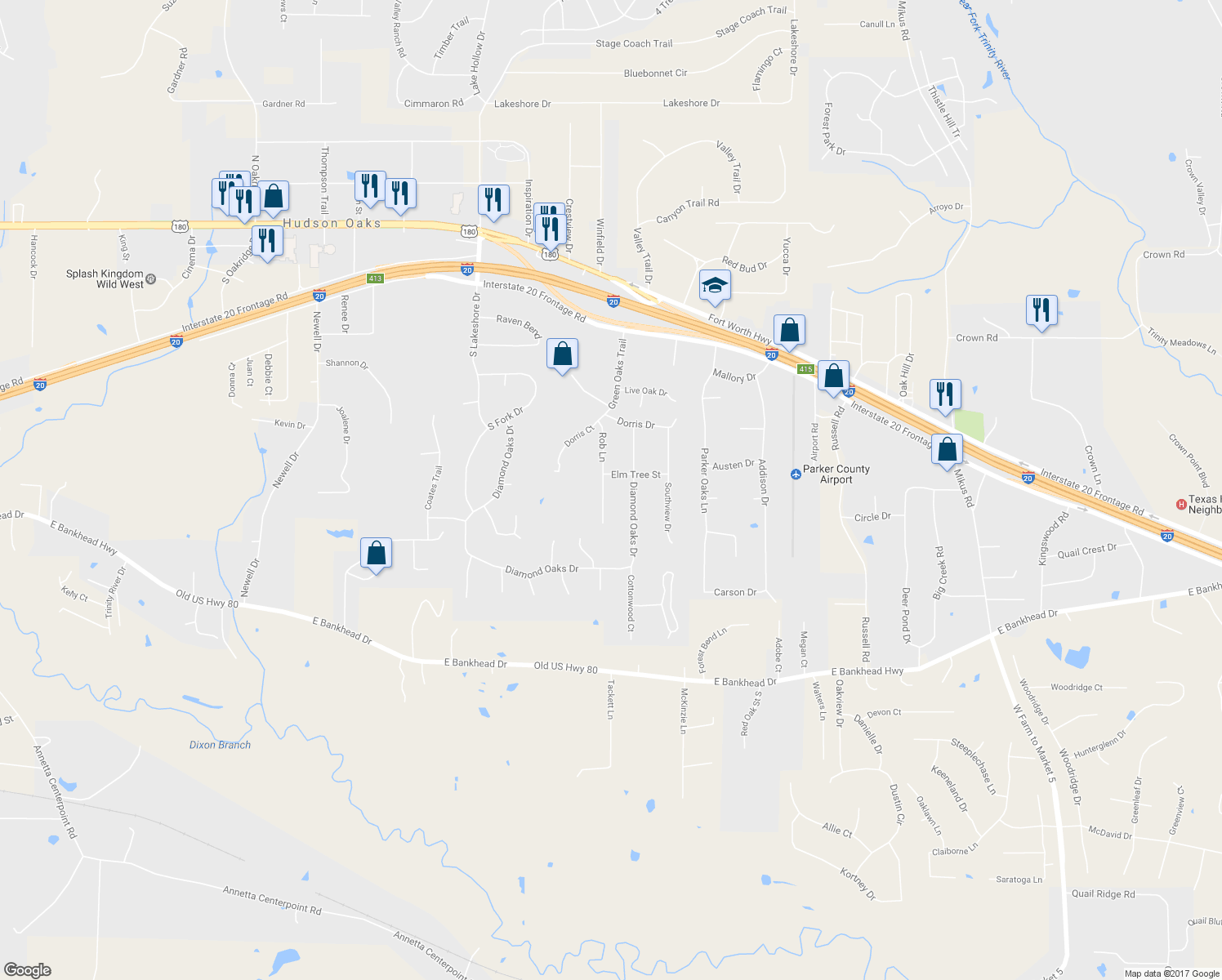 map of restaurants, bars, coffee shops, grocery stores, and more near 225 Rob Lane in Hudson Oaks