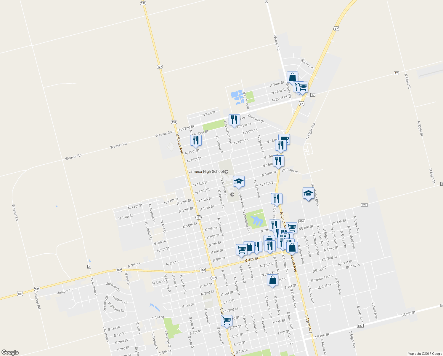 map of restaurants, bars, coffee shops, grocery stores, and more near North 15th Street in Lamesa