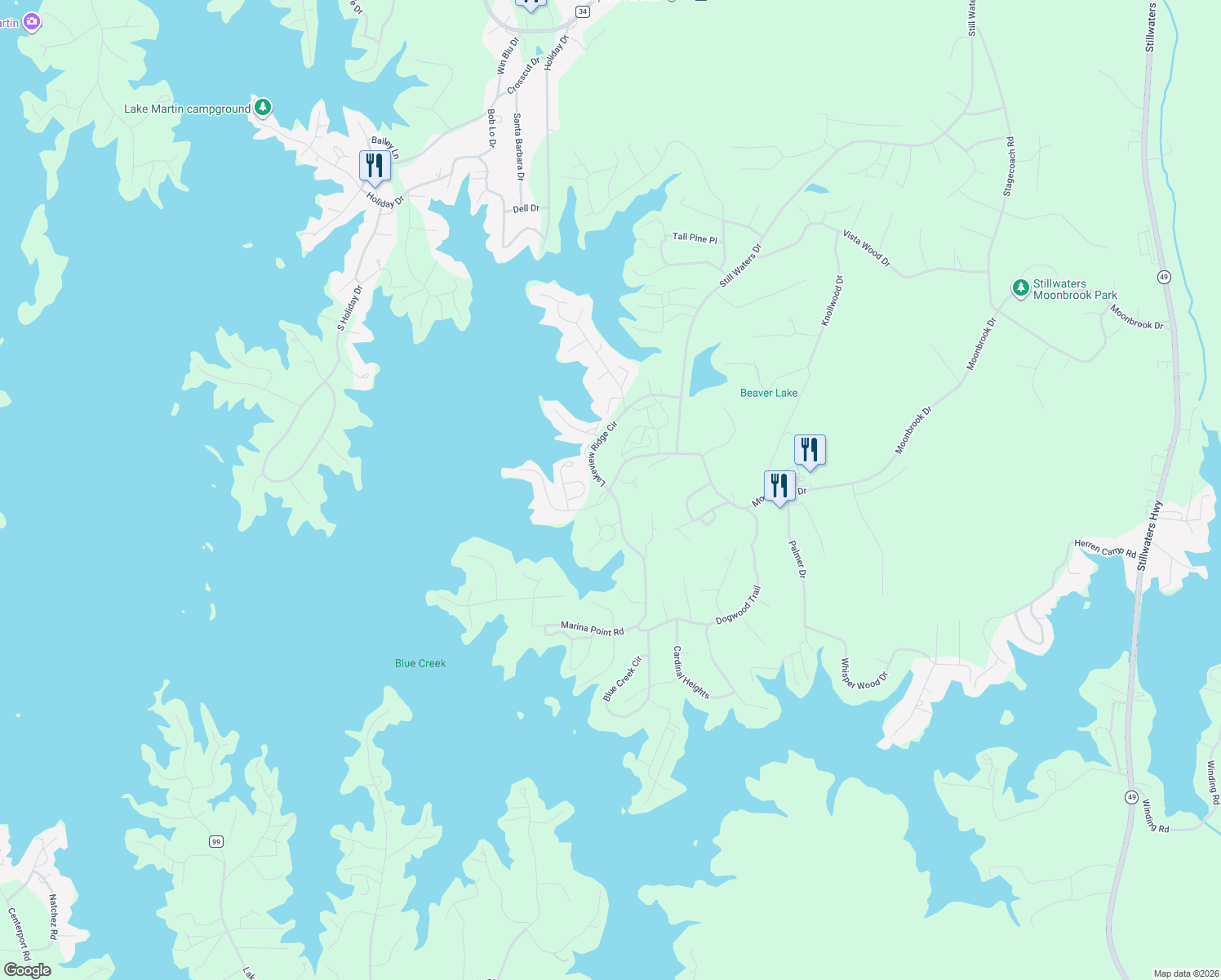 map of restaurants, bars, coffee shops, grocery stores, and more near 2 Moonbrook Drive in Dadeville