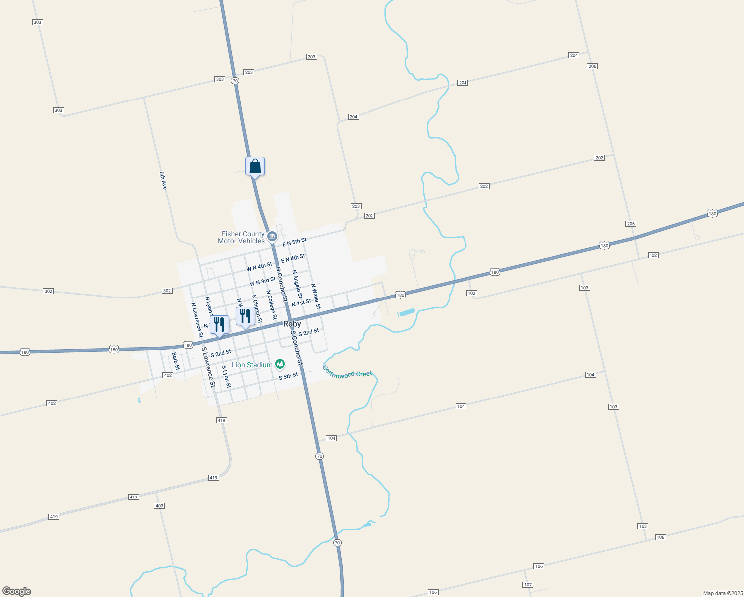 map of restaurants, bars, coffee shops, grocery stores, and more near 605 South 1st Street in Roby