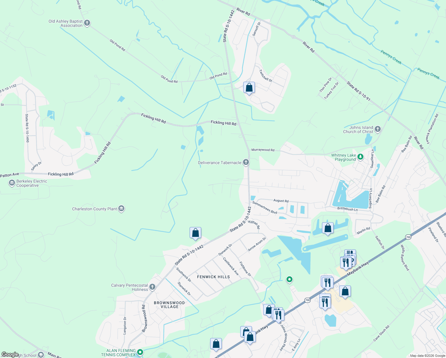 map of restaurants, bars, coffee shops, grocery stores, and more near 2956 Hollington Road in Johns Island