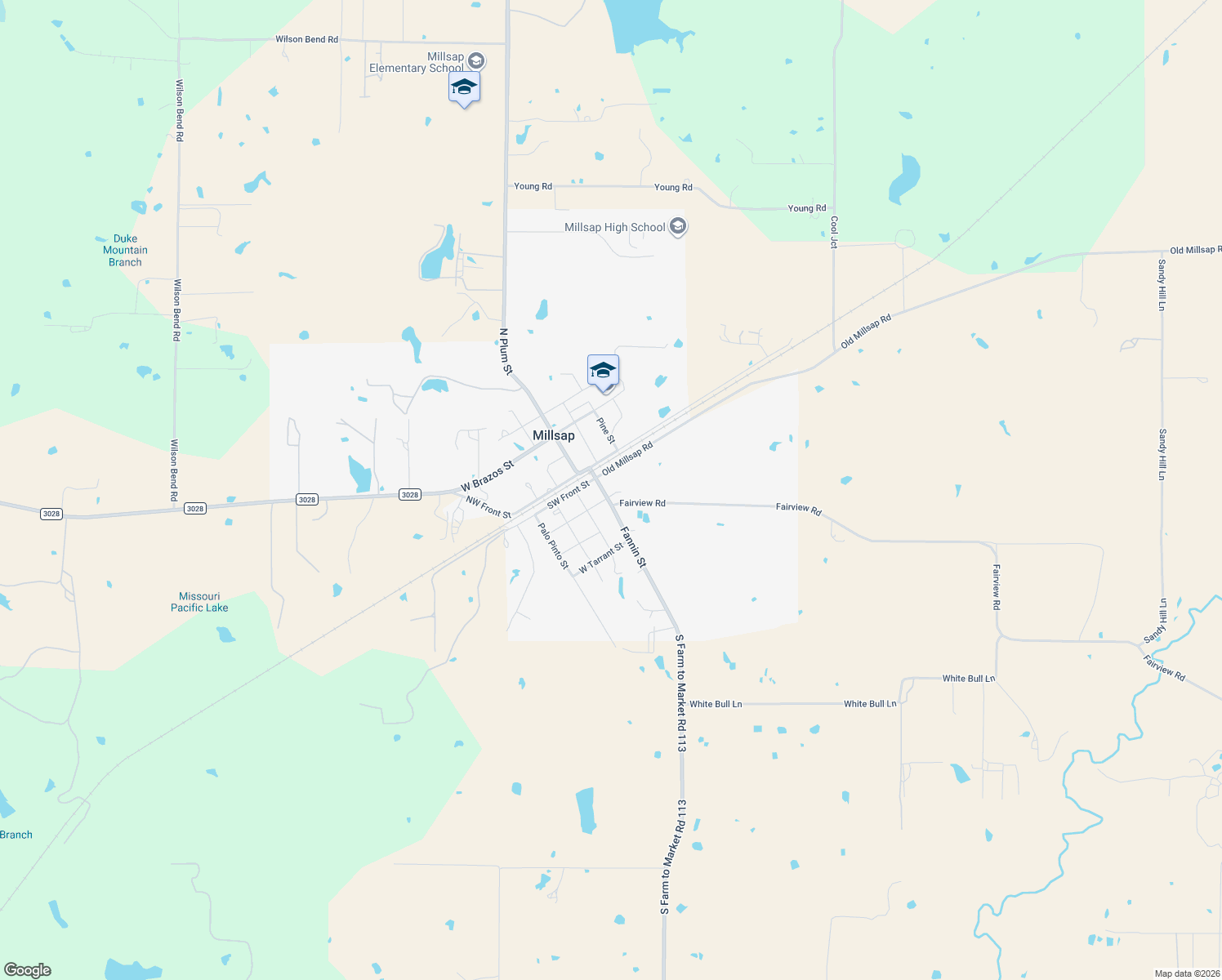 map of restaurants, bars, coffee shops, grocery stores, and more near 107 Fannin Street in Millsap