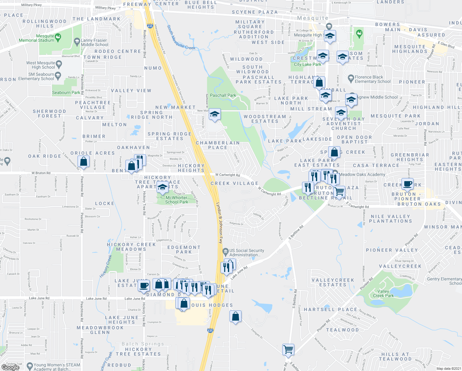 map of restaurants, bars, coffee shops, grocery stores, and more near 933 West Cartwright Road in Mesquite