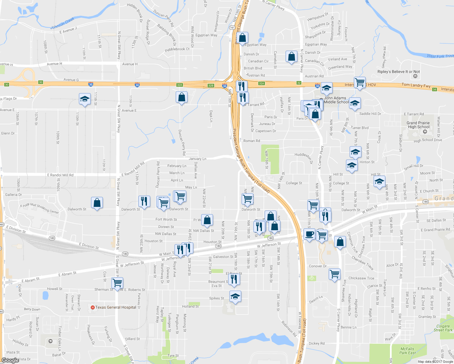 map of restaurants, bars, coffee shops, grocery stores, and more near 19 Northwest 20th Street in Grand Prairie