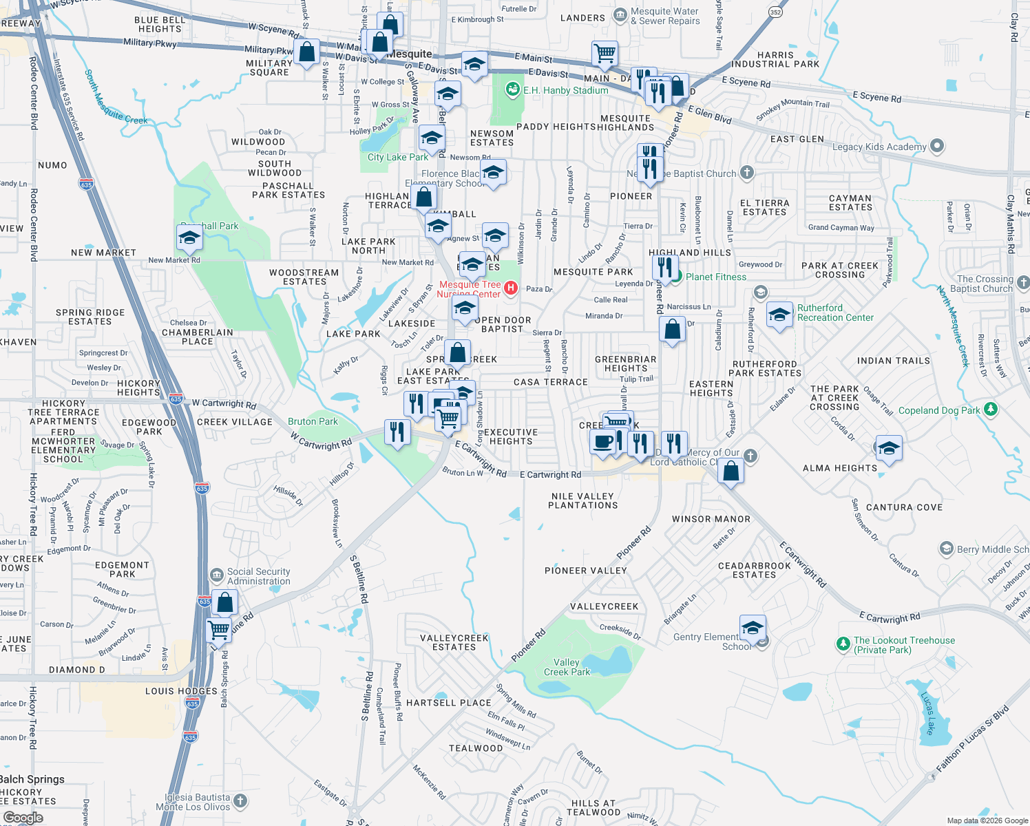 map of restaurants, bars, coffee shops, grocery stores, and more near 1416 Valley Trail in Mesquite