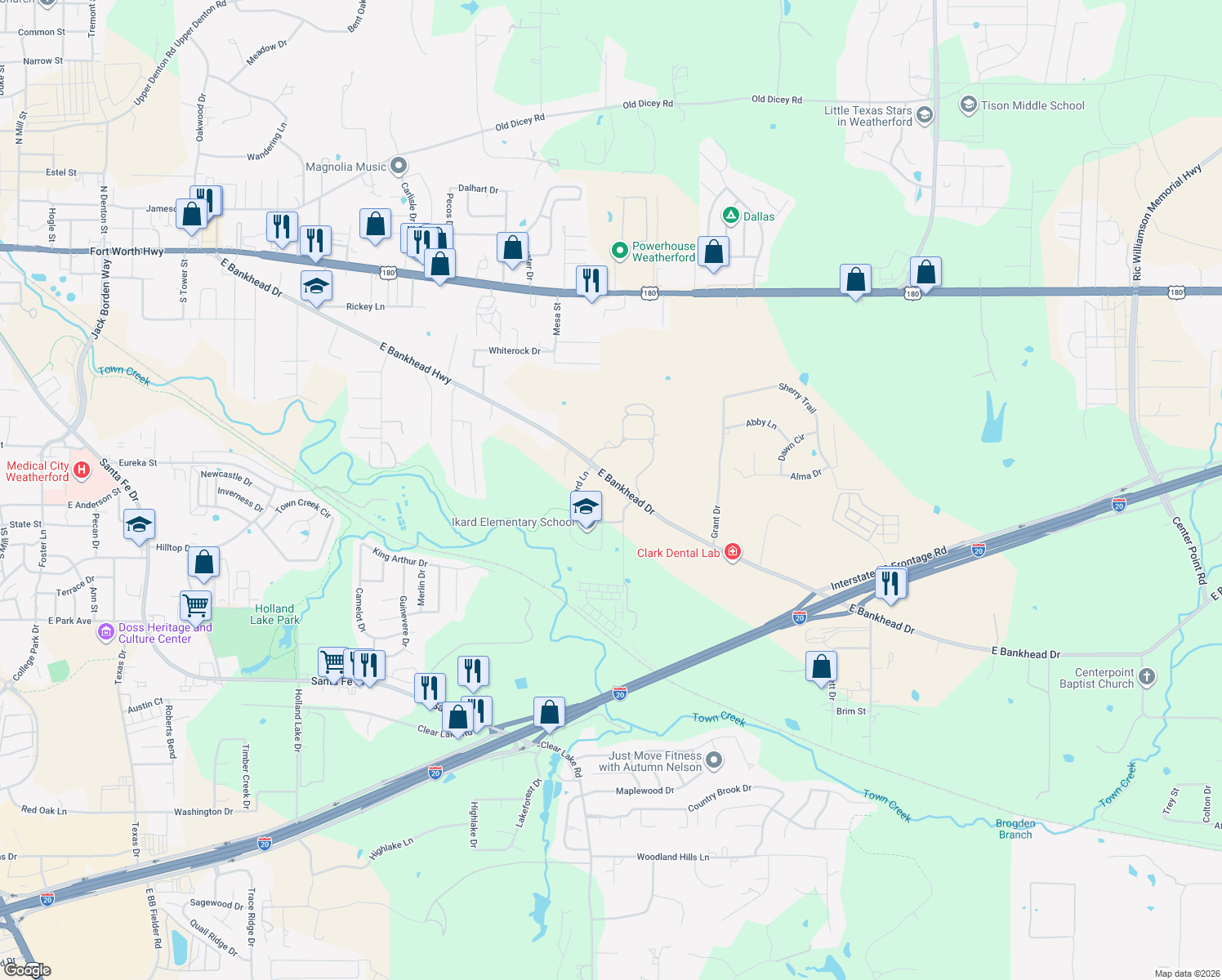map of restaurants, bars, coffee shops, grocery stores, and more near 1818 East Bankhead Drive in Weatherford