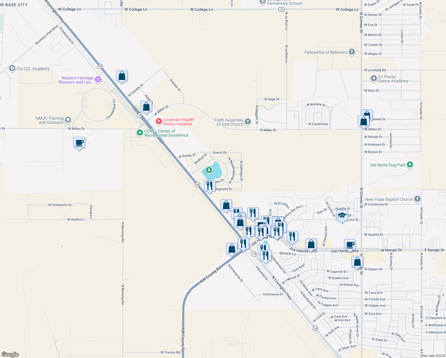 map of restaurants, bars, coffee shops, grocery stores, and more near 2200 West Lakeview Drive in Hobbs