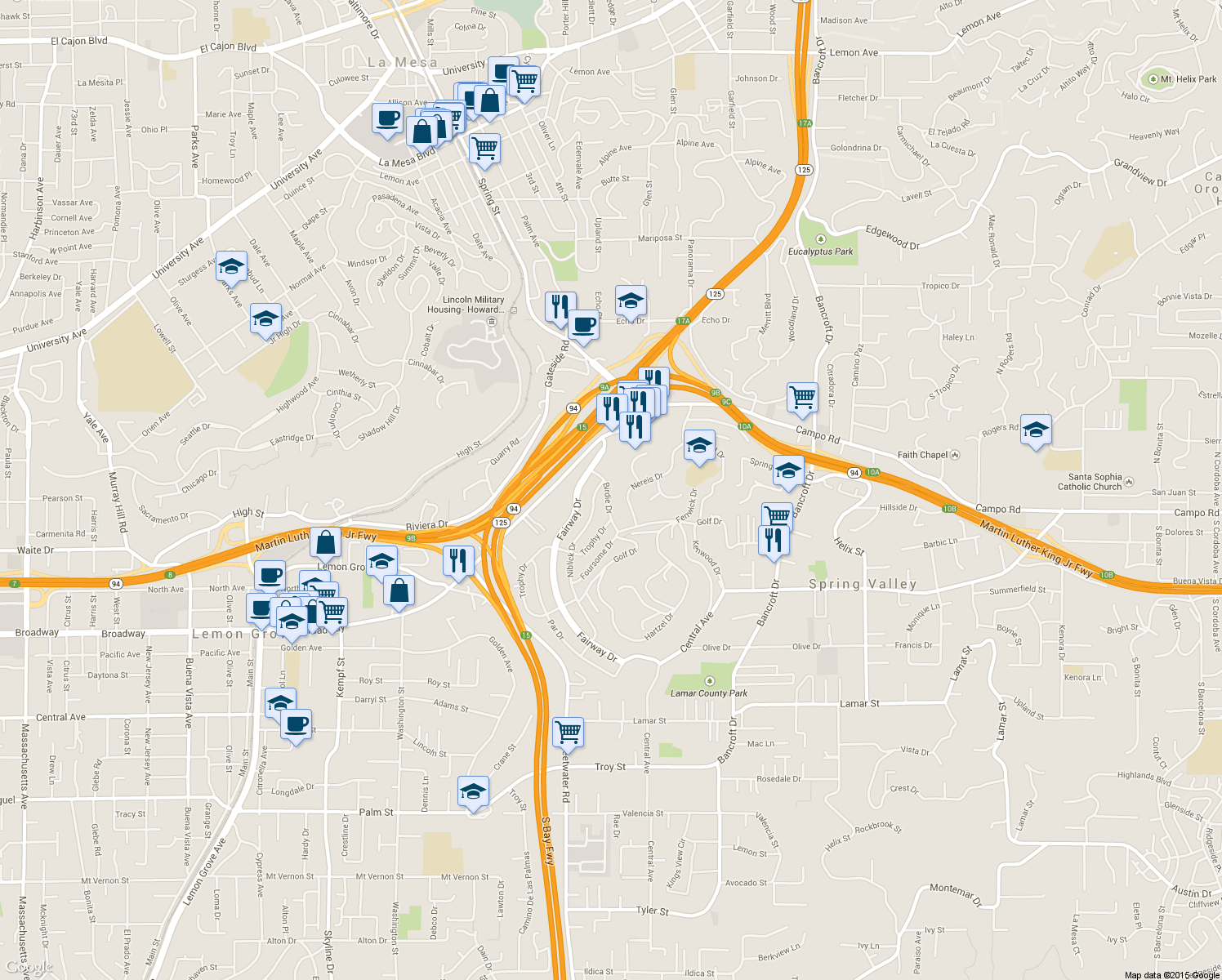 map of restaurants, bars, coffee shops, grocery stores, and more near 3659 Birdie Dr in La Mesa