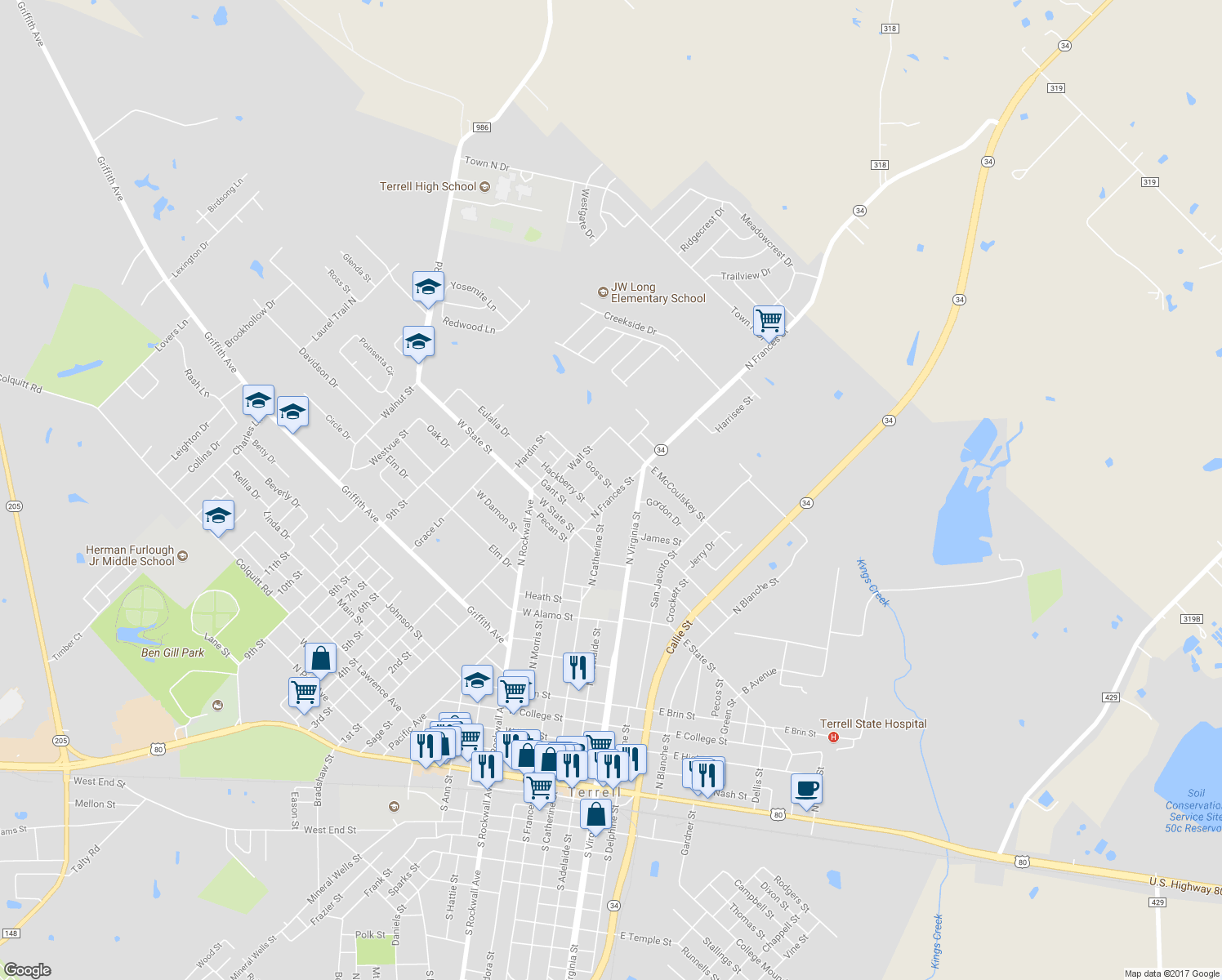 map of restaurants, bars, coffee shops, grocery stores, and more near 1205 North Frances Street in Terrell