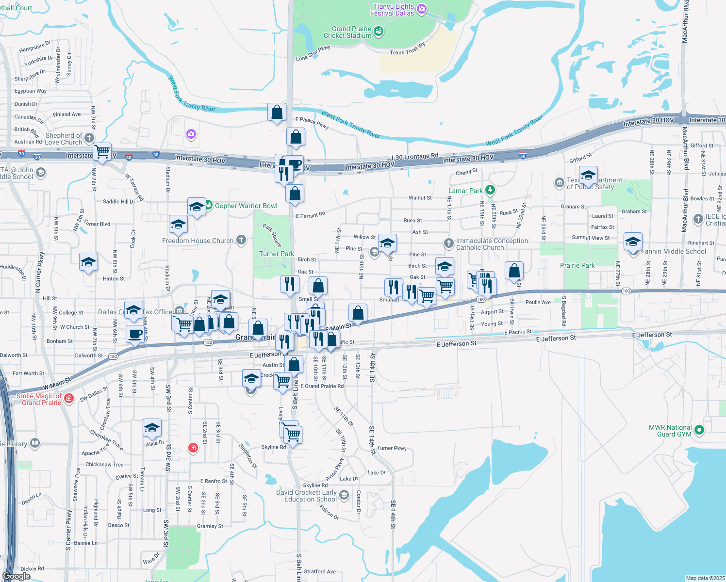 map of restaurants, bars, coffee shops, grocery stores, and more near 1301 Hickory St in Grand Prairie