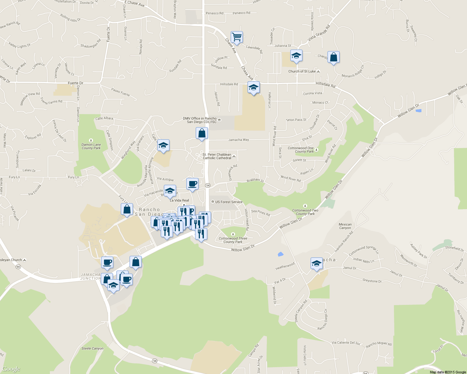 map of restaurants, bars, coffee shops, grocery stores, and more near 1627 Woodrun Place in El Cajon