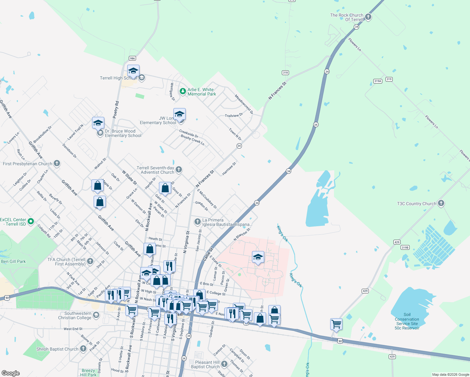 map of restaurants, bars, coffee shops, grocery stores, and more near 217 Rose St in Terrell