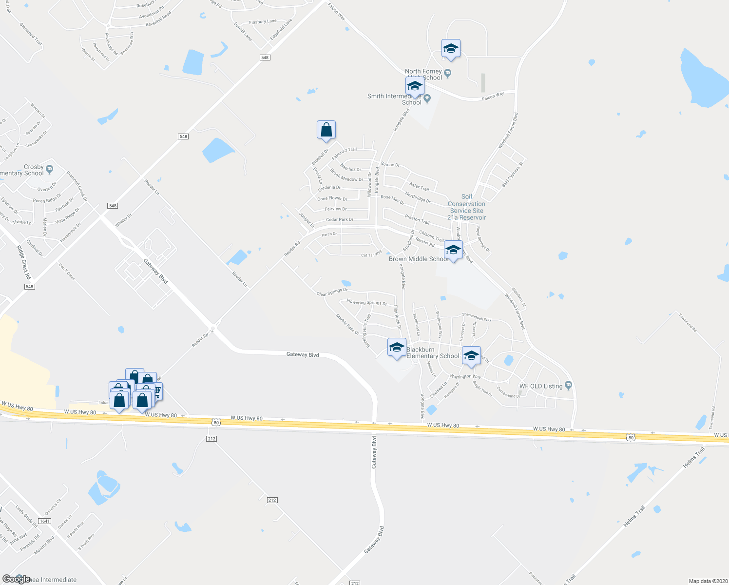 map of restaurants, bars, coffee shops, grocery stores, and more near 3237 Clear Springs Drive in Forney