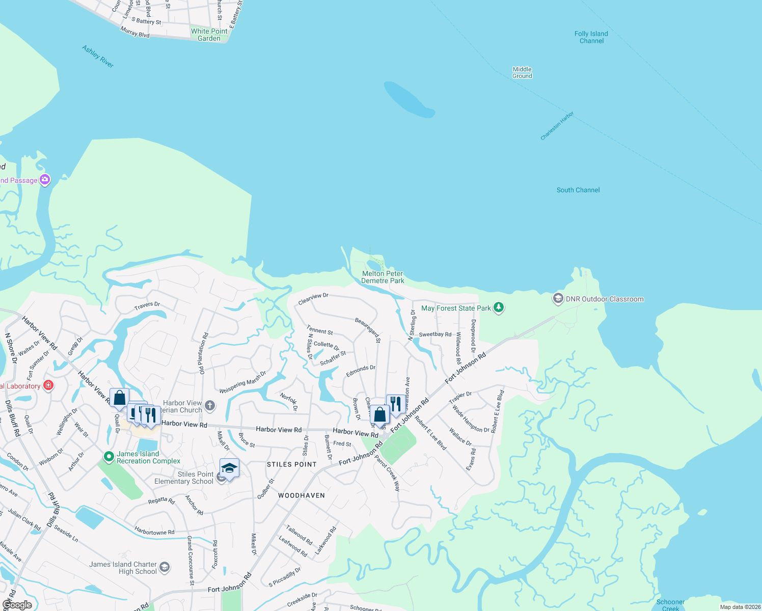 map of restaurants, bars, coffee shops, grocery stores, and more near 704 Clearview Drive in Charleston