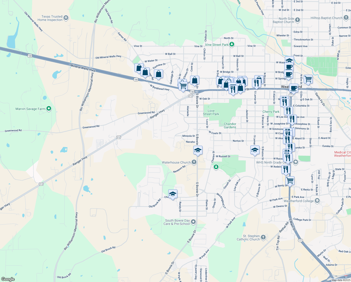 map of restaurants, bars, coffee shops, grocery stores, and more near 713 Ridgeway Boulevard in Weatherford