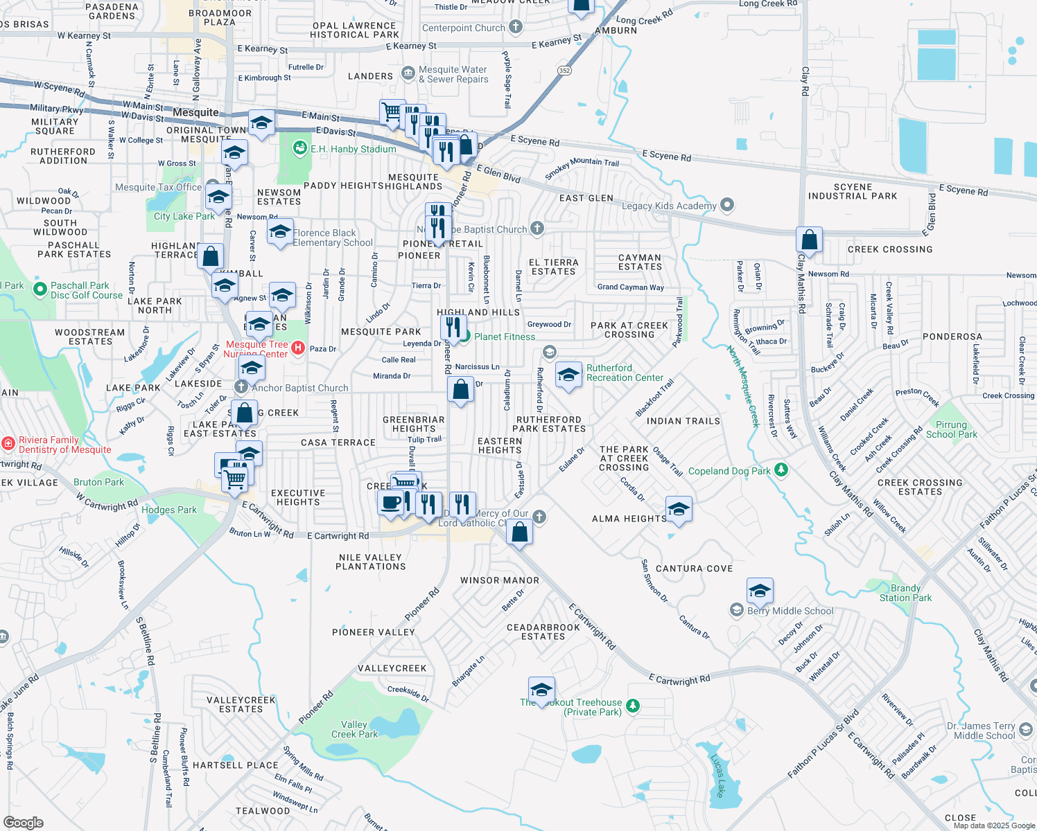 map of restaurants, bars, coffee shops, grocery stores, and more near 1237 Eastside Drive in Mesquite