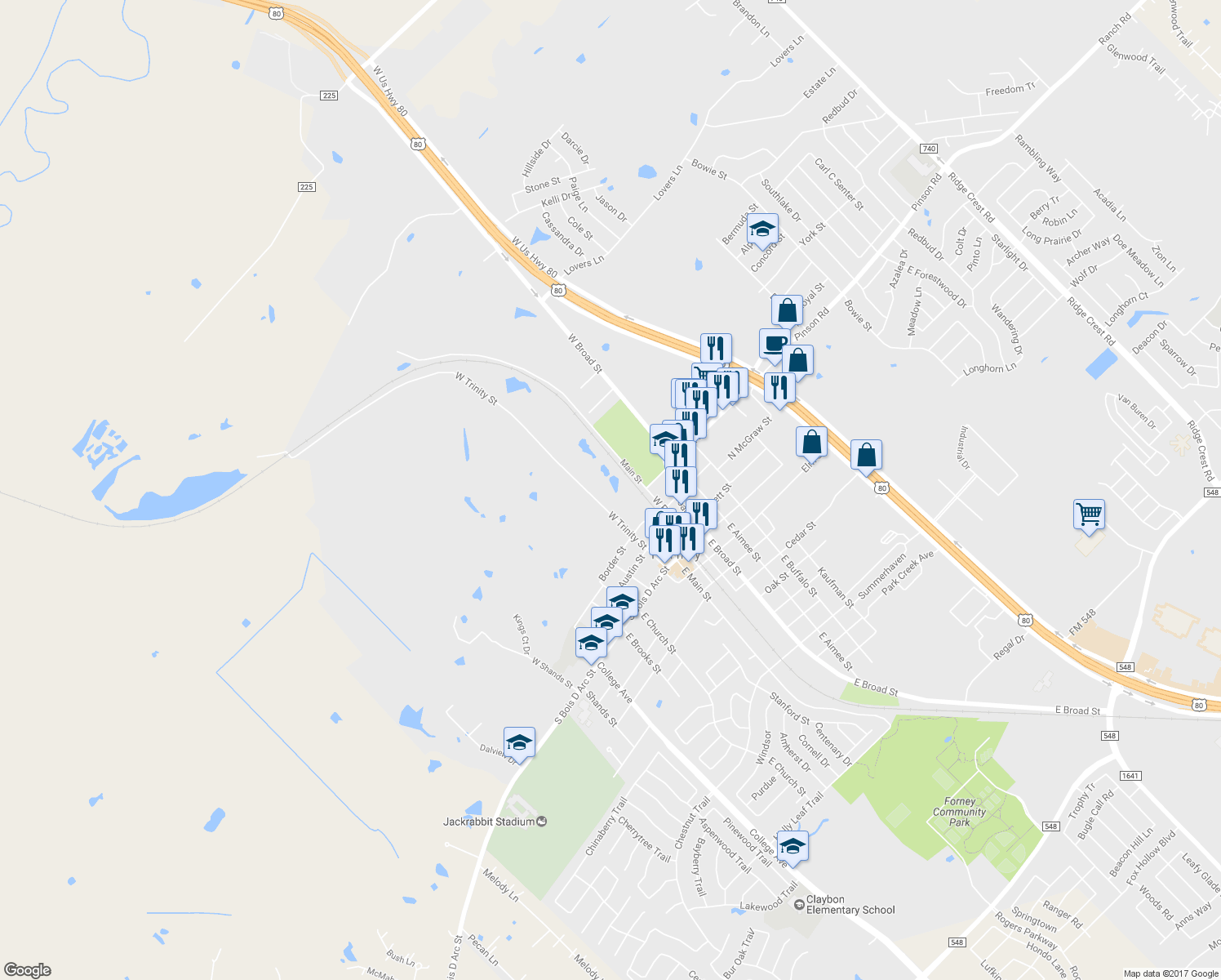 map of restaurants, bars, coffee shops, grocery stores, and more near 314 West Trinity Street in Forney