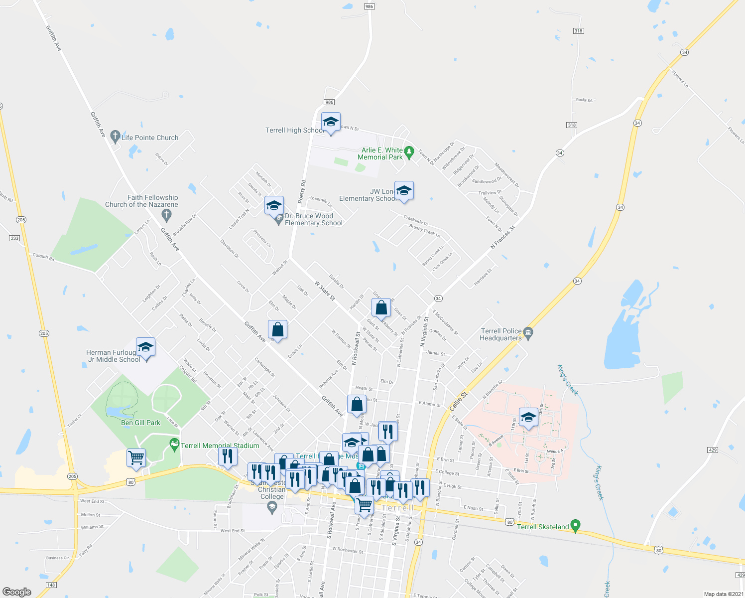 map of restaurants, bars, coffee shops, grocery stores, and more near 100 Jaycee Street in Terrell