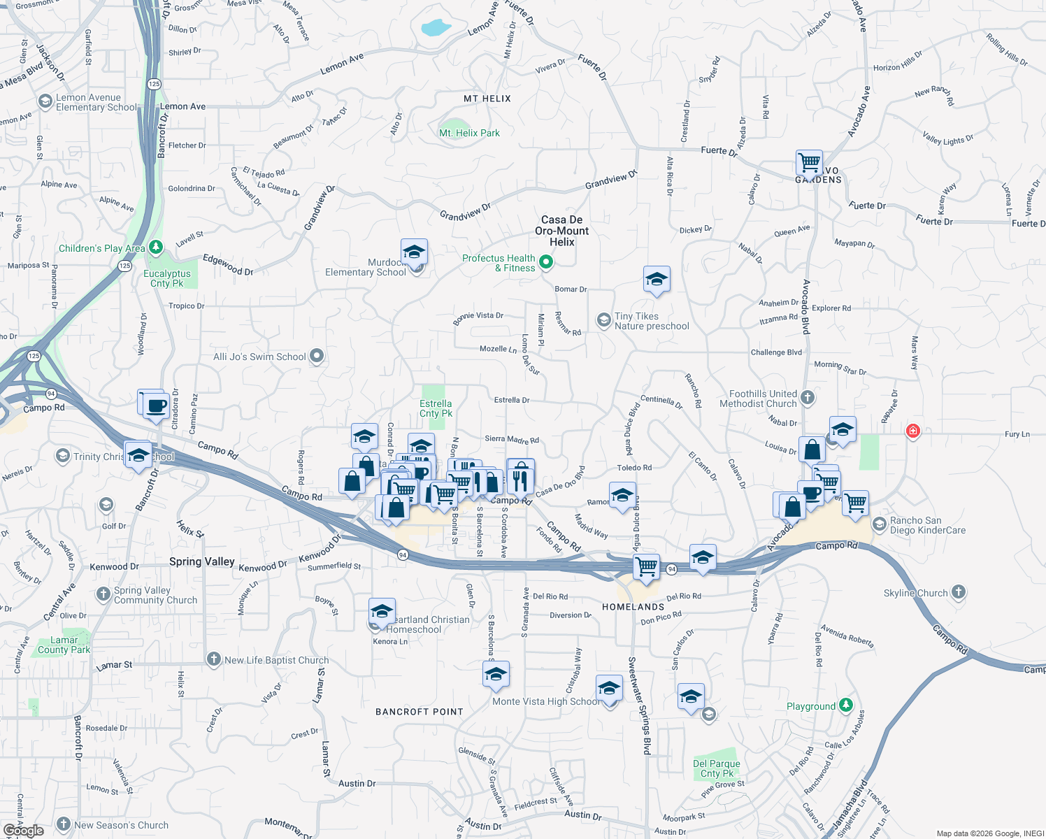 map of restaurants, bars, coffee shops, grocery stores, and more near 4127 Avoyer Place in La Mesa