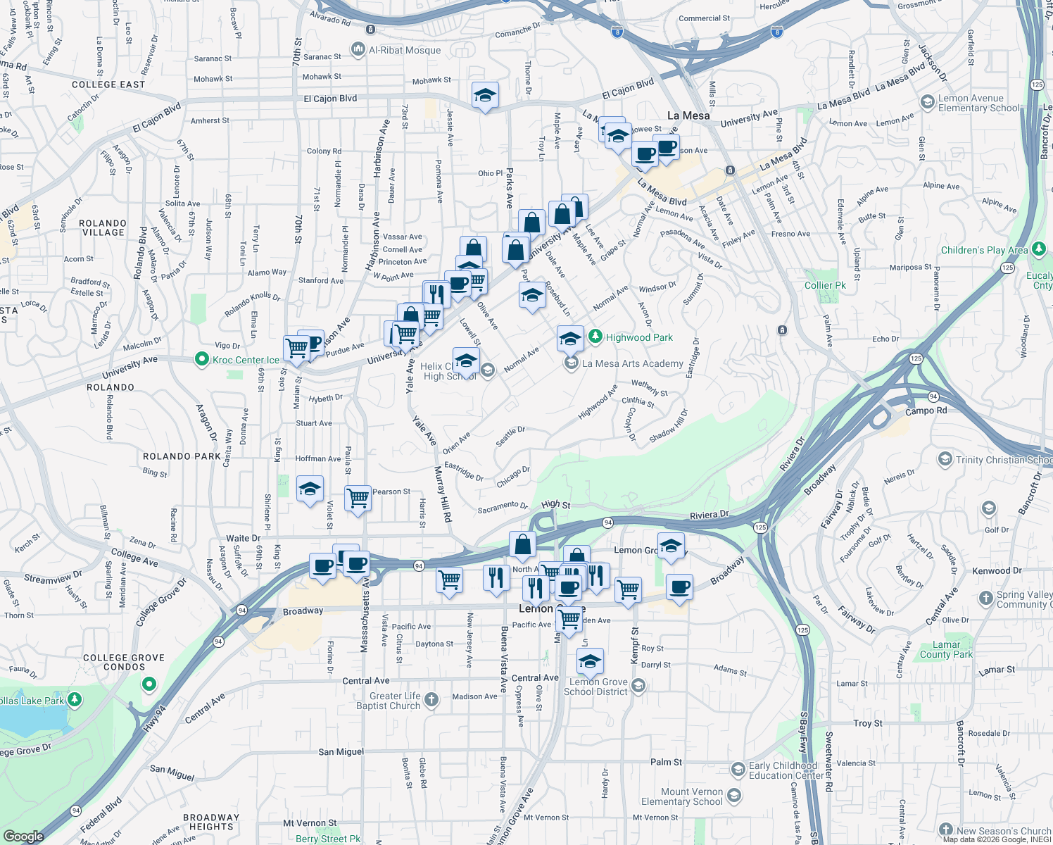 map of restaurants, bars, coffee shops, grocery stores, and more near 7660 Seattle Drive in La Mesa