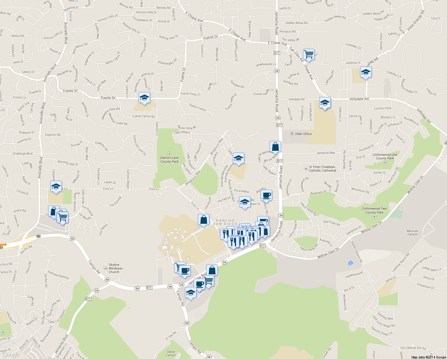 map of restaurants, bars, coffee shops, grocery stores, and more near 11843 Avenida Marcella in El Cajon