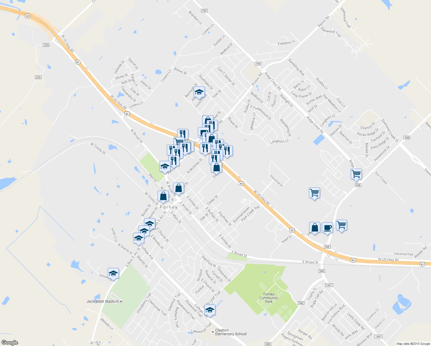map of restaurants, bars, coffee shops, grocery stores, and more near 902 Elm St in Forney