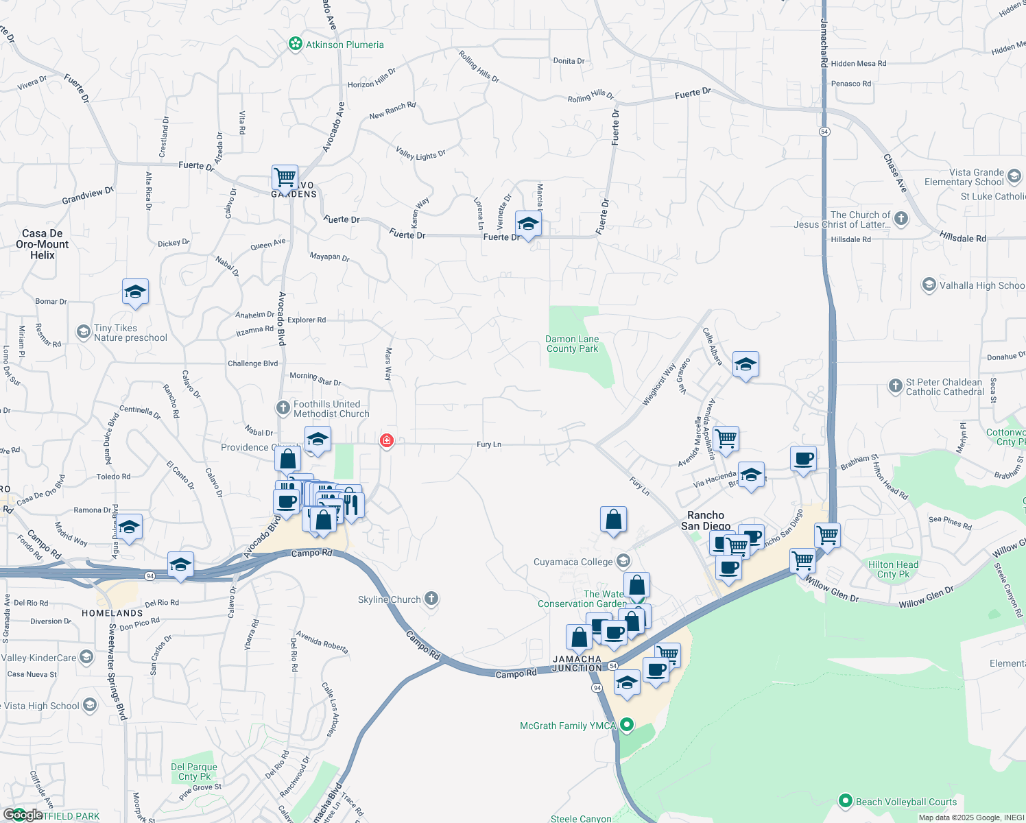 map of restaurants, bars, coffee shops, grocery stores, and more near 11355 Vista De Bonita Canada in La Mesa