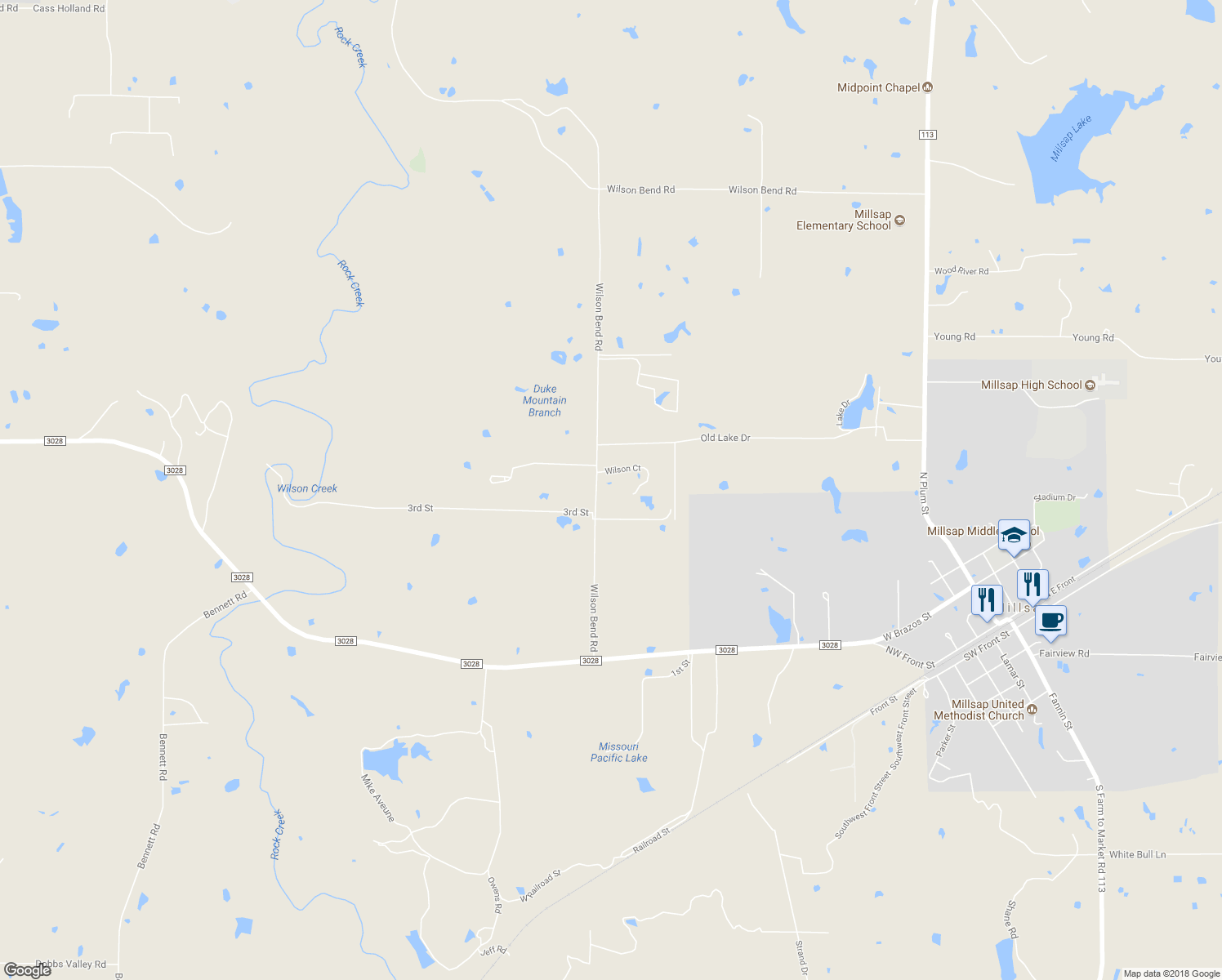 map of restaurants, bars, coffee shops, grocery stores, and more near 1923 Wilson Bend Road in Millsap