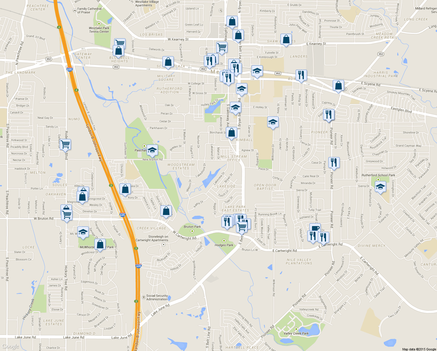map of restaurants, bars, coffee shops, grocery stores, and more near 1105 Lakeview Drive in Mesquite