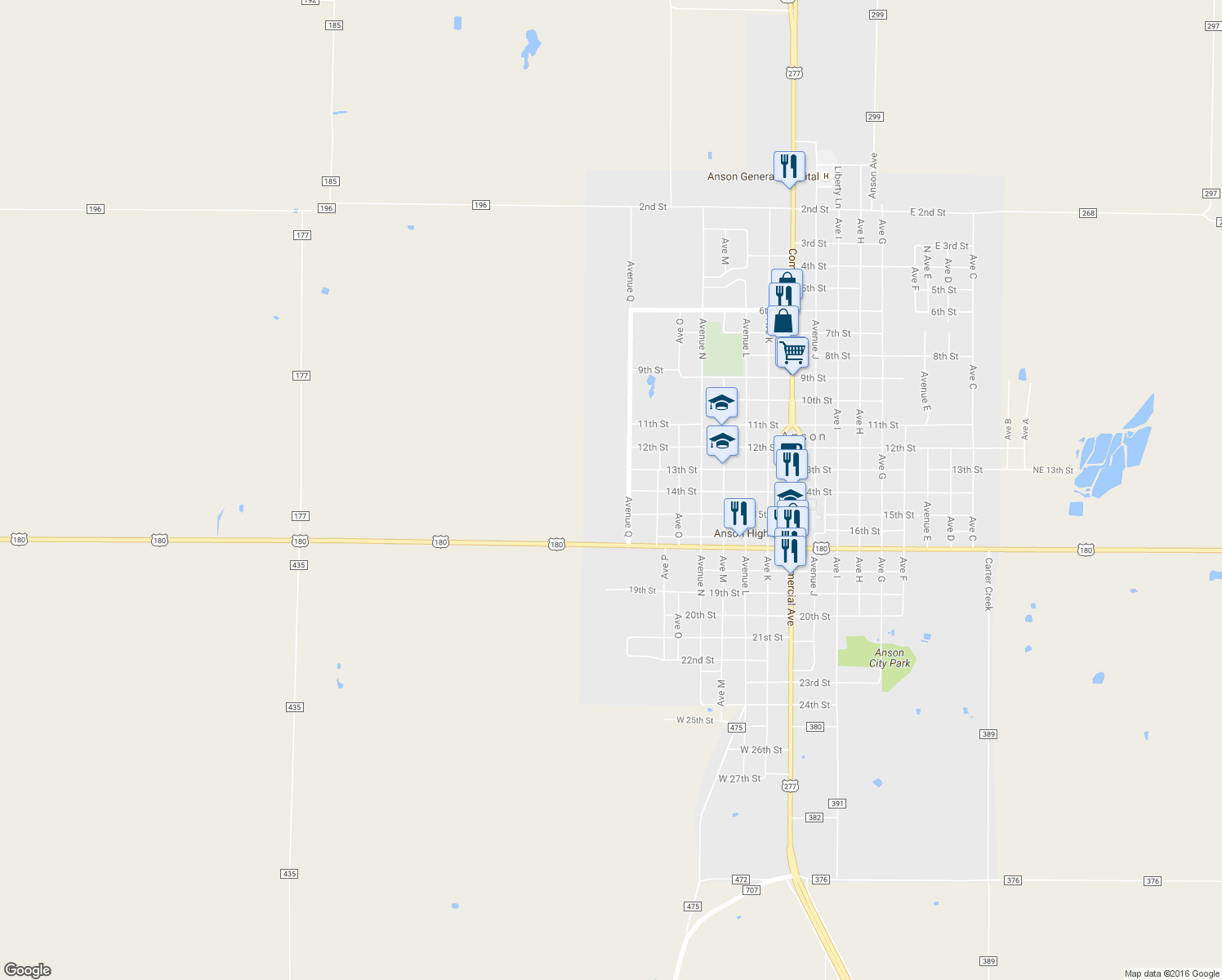 map of restaurants, bars, coffee shops, grocery stores, and more near 1132 Avenue Q in Anson