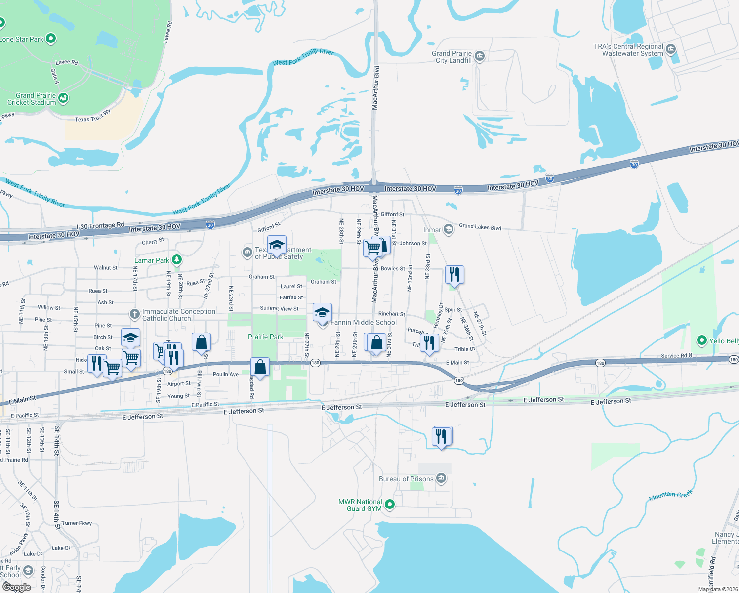 map of restaurants, bars, coffee shops, grocery stores, and more near 422 MacArthur Blvd in Grand Prairie