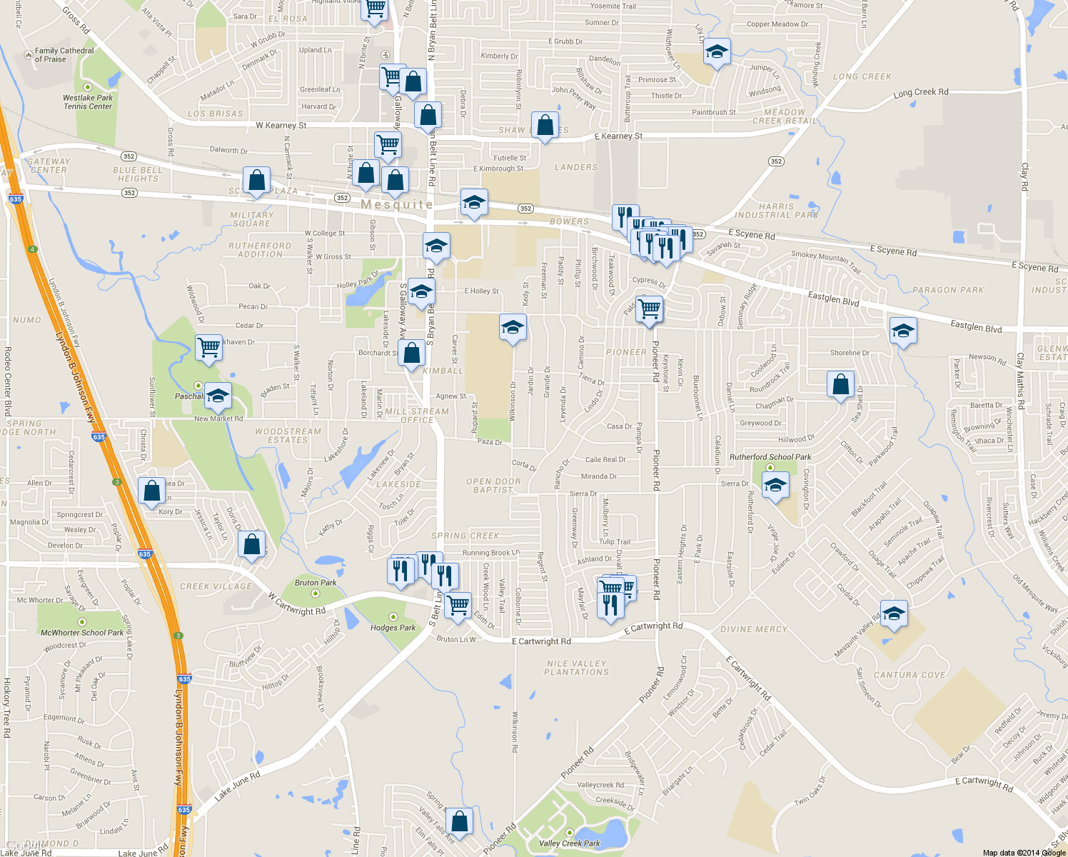 map of restaurants, bars, coffee shops, grocery stores, and more near 1006 Jardin Dr in Mesquite