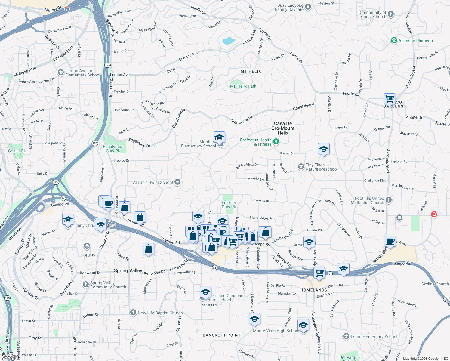 map of restaurants, bars, coffee shops, grocery stores, and more near 4155 Conrad Drive in Spring Valley