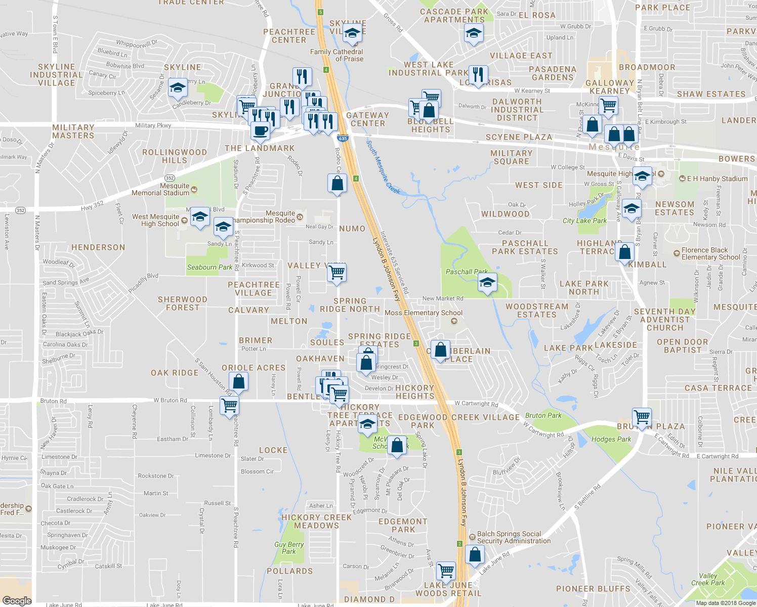 map of restaurants, bars, coffee shops, grocery stores, and more near 1436 New Market Road in Mesquite